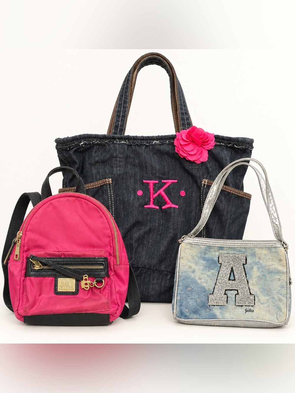 Juicy Couture Dark Denim Tote with Hot Pink Embroidered K & Flower